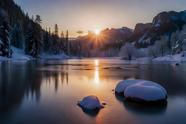 Eine Winterlandschaft mit schneebedeckten Bergen und einem See mit einem Sonnenuntergang im Hintergrund.