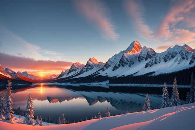 Eine Winterlandschaft mit schneebedeckten Bergen und einem Sonnenuntergang