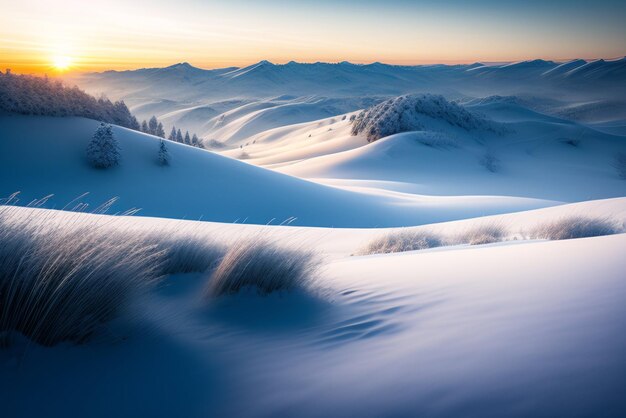 Eine Winterlandschaft mit schneebedeckten Hügeln und Bergen im Hintergrund