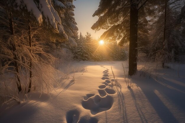 Foto eine winterlandschaft mit spuren im schnee