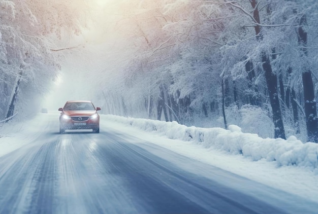 Eine Winterstraße und Autos, die in festlicher Atmosphäre durch den Wald fahren