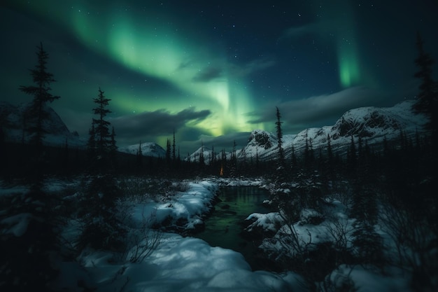 Eine Winterszene mit der Aurora Borealis über dem Fluss.