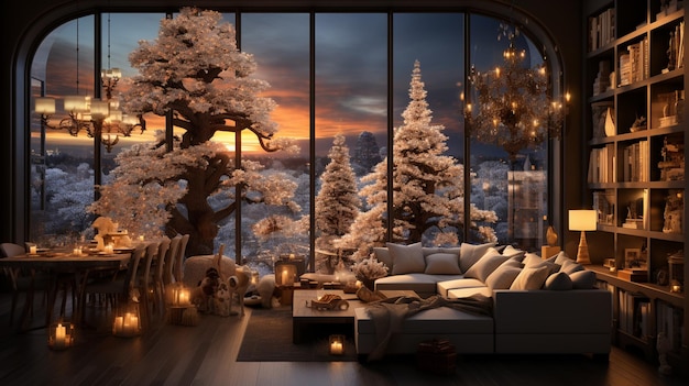 eine Winterszene mit einem Baum und einem Fenster mit einem Sonnenuntergang im Hintergrund.