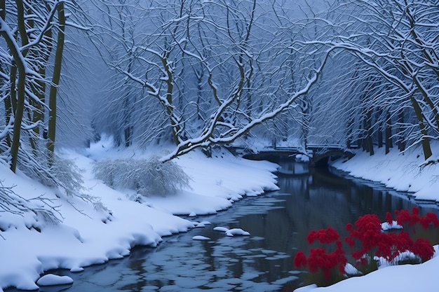 Eine Winterszene mit einem Fluss und einer roten Blume im Vordergrund.