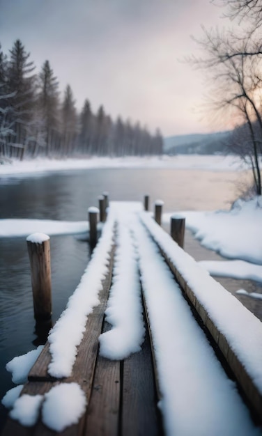 Eine Winterszene mit einem holzigen gefrorenen Pier in der Nähe des Uferes in einer ruhigen Parkumgebung