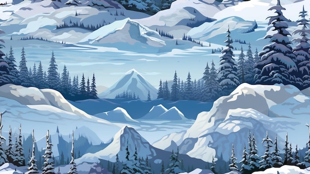 Eine Winterszene mit einem schneebedeckten Berg und einem See mit schneebedeckten Bäumen.