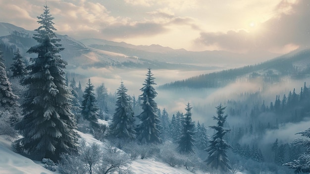 eine Winterszene mit schneebedeckten Bäumen und einem Berg im Hintergrund