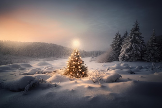 Eine Winterszene mit Schneeverwehungen, einem Weihnachtsbaum und warmer Beleuchtung