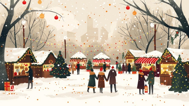 Eine Winterszene mit umhergehenden Menschen und einem Weihnachtsmarkt Die Szene ist festlich und fröhlich