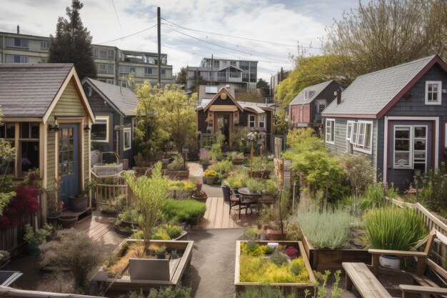 Foto eine winzige hausgemeinschaft mit gemeinschaftsgärten und gemeinschaftsbereichen, die mit generativer ki geschaffen wurden