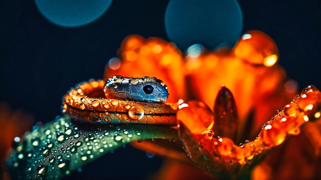 Eine winzige Schlange, die an ihrem Schwanz an der Spitze einer leuchtend orangefarbenen Blume hängt