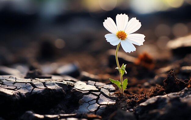 Eine winzige weiße Blume, die durch trockenen Boden bricht