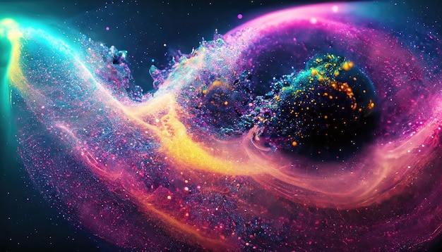 Foto eine wirbelnde galaxie abstrakter teilchen, die in einer lebendigen neonfarbenpalette dargestellt werden