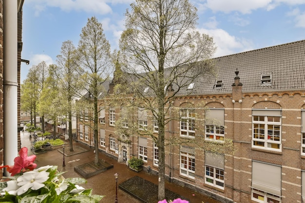 Eine Wohnung in den Niederlanden mit Blumen und Bäumen auf beiden Seiten und Blick auf einen der Innenhöfe