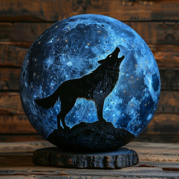 Foto eine wolfsstatue auf einem felsen mit dem wolf auf dem mond