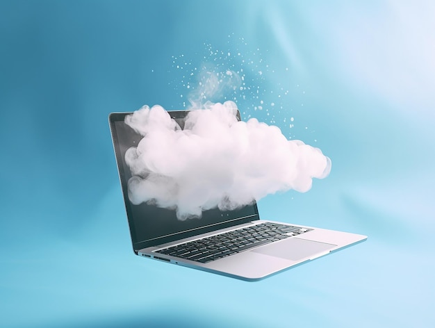 Eine Wolke fliegt aus einem Laptop-Bildschirm.