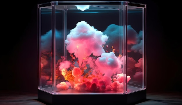 eine Wolke in einer Glasvitrine mit einigen Lichtern darauf