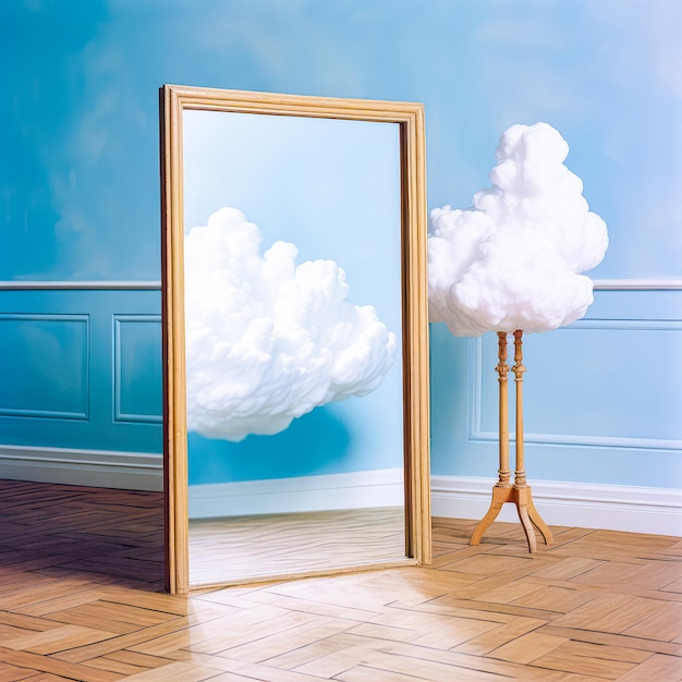 eine Wolke vor einem Spiegel mit blauen Wänden, die in einem Raum isoliert sind