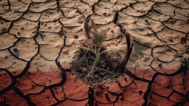 Eine Wüste mit einem Loch im Boden, aus dem eine Pflanze wächst.