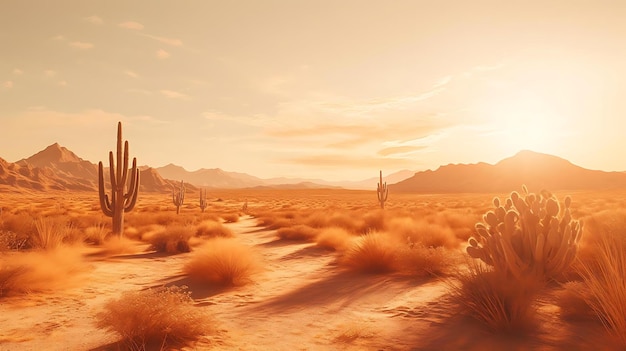 Eine Wüste mit einer Kaktus- und Wüstenlandschaft im Hintergrund