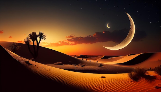 Eine Wüste mit Mond und Sternen