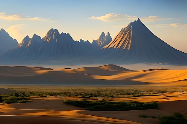 Eine Wüstenlandschaft mit Bergen im Hintergrund