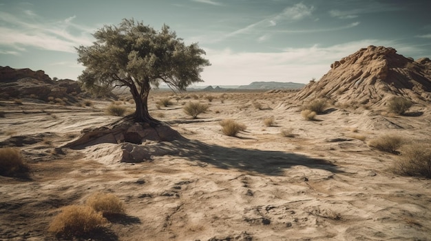 Eine Wüstenlandschaft mit einem Baum im Vordergrund und einer Wüste im Hintergrund.