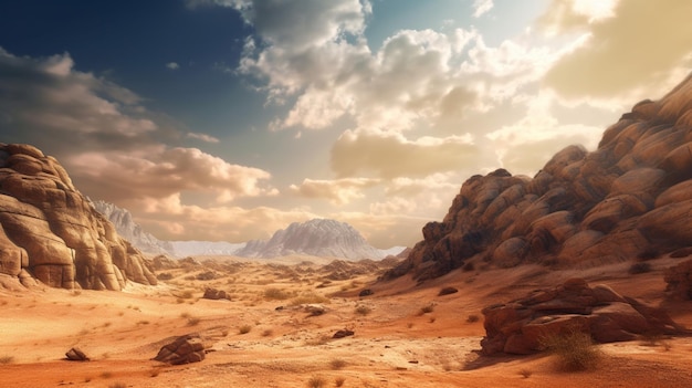 Eine Wüstenlandschaft mit einem Berg im Hintergrund.
