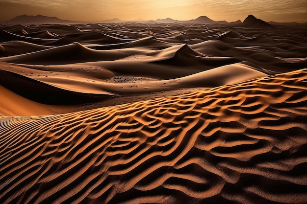 Eine Wüstenlandschaft mit einem goldenen Sonnenuntergang im Hintergrund.