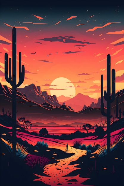Eine Wüstenlandschaft mit einem Kaktus und einem Sonnenuntergang
