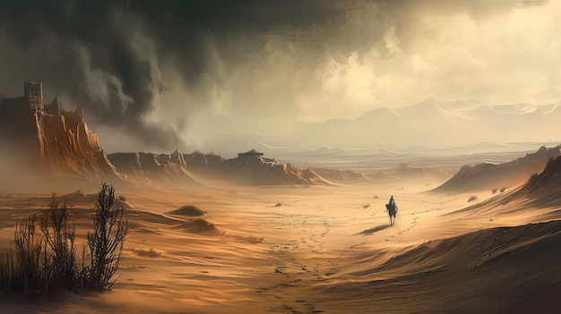 Eine Wüstenlandschaft mit einem Mann auf einem Pferd und einem Berg im Hintergrund.