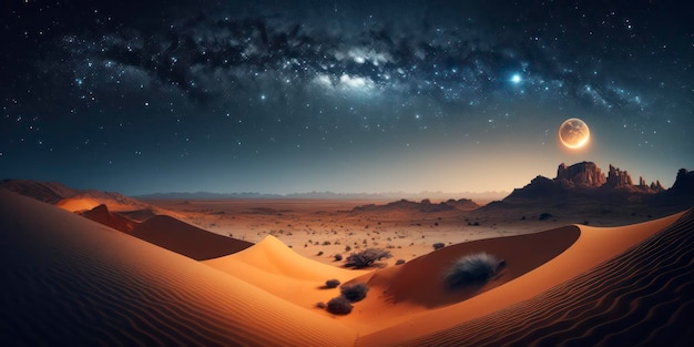 Eine Wüstenlandschaft mit einer Milchstraße im Hintergrund
