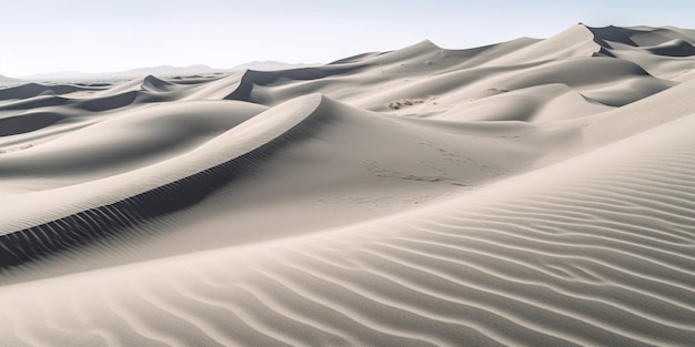 Eine Wüstenlandschaft mit Sanddünen und Bergen im Hintergrund.