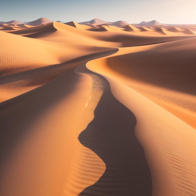 Eine Wüstenlandschaft mit Sanddünen und blauem Himmel