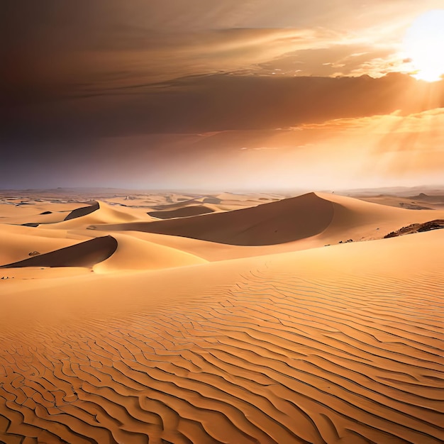 Eine Wüstenlandschaft mit Sanddünen und der Sonne, die durch die Wolken scheint.