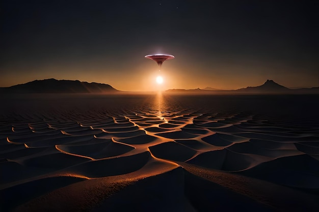 Eine Wüstenlandschaft mit Sonnenuntergang und einem über dem Horizont fliegenden UFO.