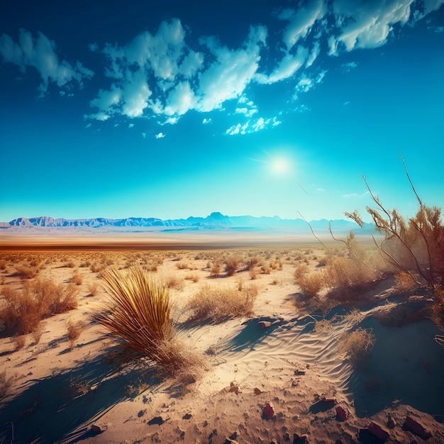 Foto eine wüstenszene mit bergen im hintergrund und einem blauen himmel mit wolken.