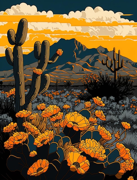 Eine Wüstenszene mit einem Kaktus und Bergen im Hintergrund.