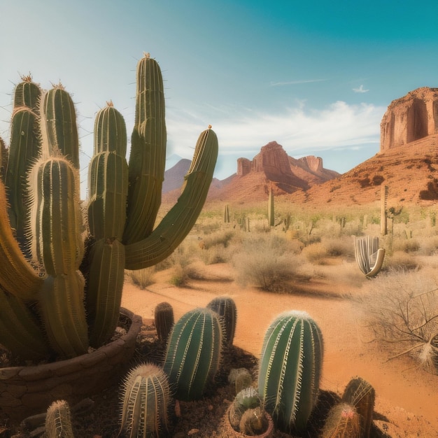 Eine Wüstenszene mit einer Kaktuspflanze im Vordergrund und einer Wüstenlandschaft im Hintergrund.