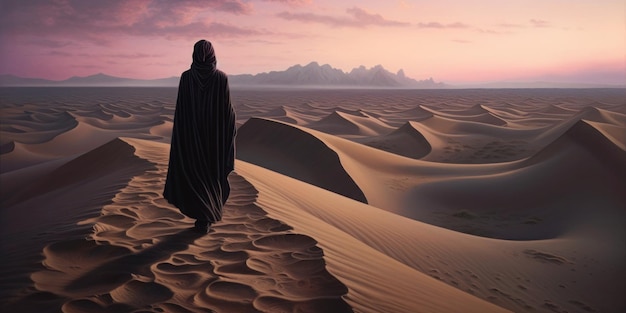 Eine Wüstenszene mit einer Person, die in der Wüste spazieren geht.