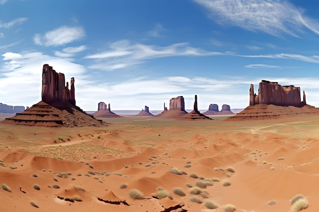Eine Wüstenszene mit einer Wüstenszene und einem blauen Himmel mit Wolken.