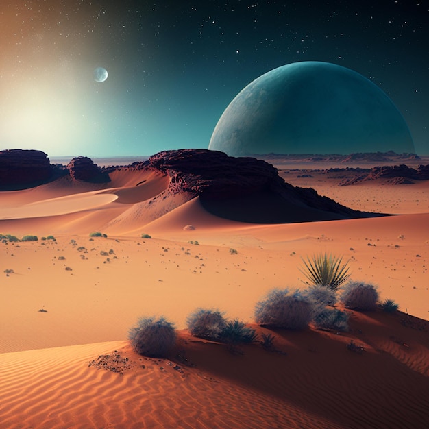 Eine Wüstenszene mit zwei Planeten im Hintergrund