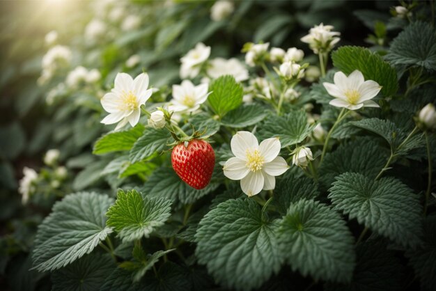 Foto eine wunderbare abbildung einer erdbeerenpflanze mit zarten weißen blüten und leuchtend grünen blättern