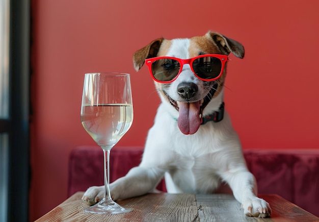 Eine wunderbare Begegnung Ein Hund mit gefüllten Ohren sitzt neben einem eleganten Glas Wein und schafft eine Szene von Neugier und Kontrast