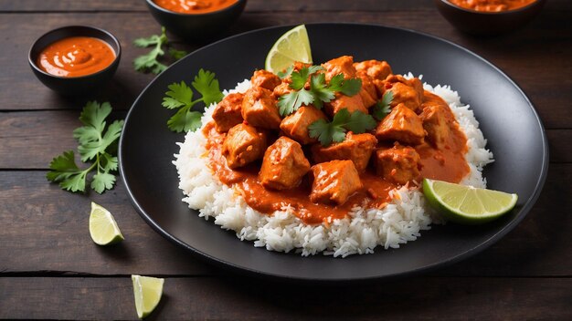 Eine wunderschön angeordnete Platte mit Hühner-Tikka-Masala, die mit reichen, lebendigen Farben dampft, sitzt oben