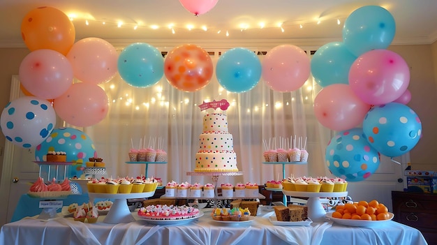 Eine wunderschön dekorierte Party mit einem großen Kuchen, Cupcakes und anderen Desserts. Der Raum ist mit Ballons und Lichtern dekoriert.