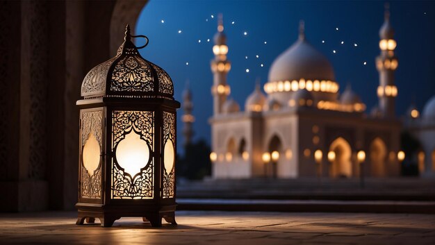 Foto eine wunderschön gestaltete arabische laterne leuchtet nachts inmitten des verschwommenen hintergrunds einer moschee