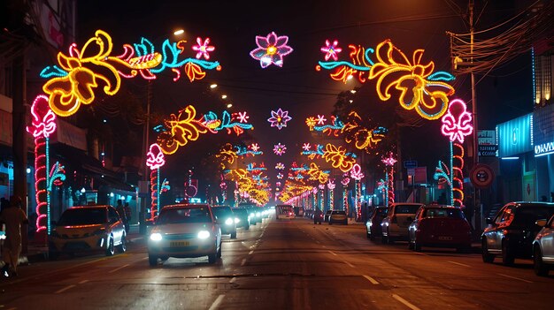 Eine wunderschöne Aufnahme einer Straße in der Nacht Die Straße ist mit Bäumen gesäumt und die Lichter sind eingeschaltet