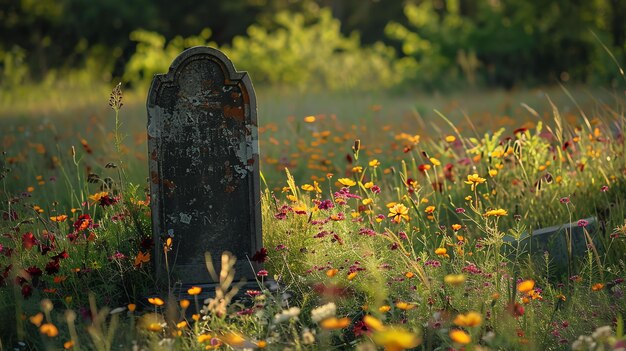 Eine wunderschöne Aufnahme eines alten Friedhofs mit der Sonne, die durch die Bäume scheint, und den blühenden Blumen