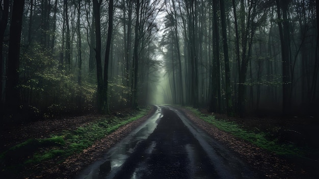 Eine wunderschöne Aufnahme eines von Bäumen umgebenen Waldes im Wald während des Nebels Generative AId